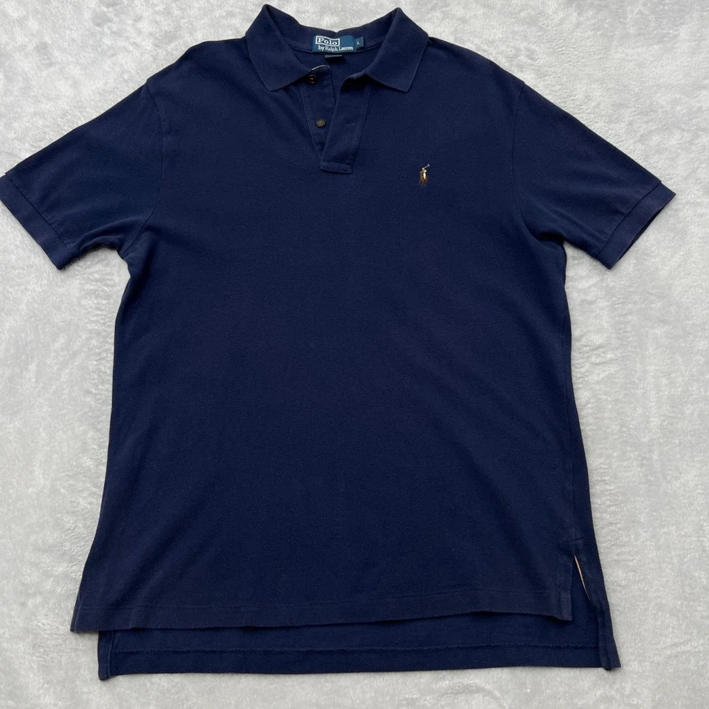 Polo Ralph Lauren‎ Classic Pique Polo Shirt Size L Navy Blue Preppy Suede Trim